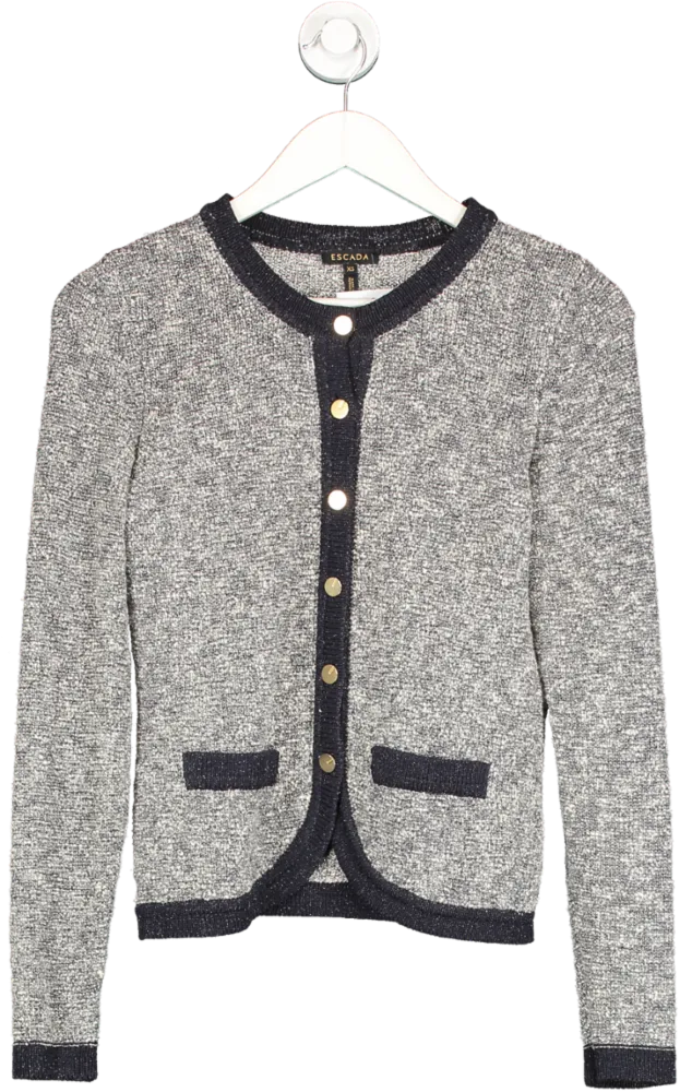 Escada Grey Button Down Contrast Trim Wool Cardigan UK XS