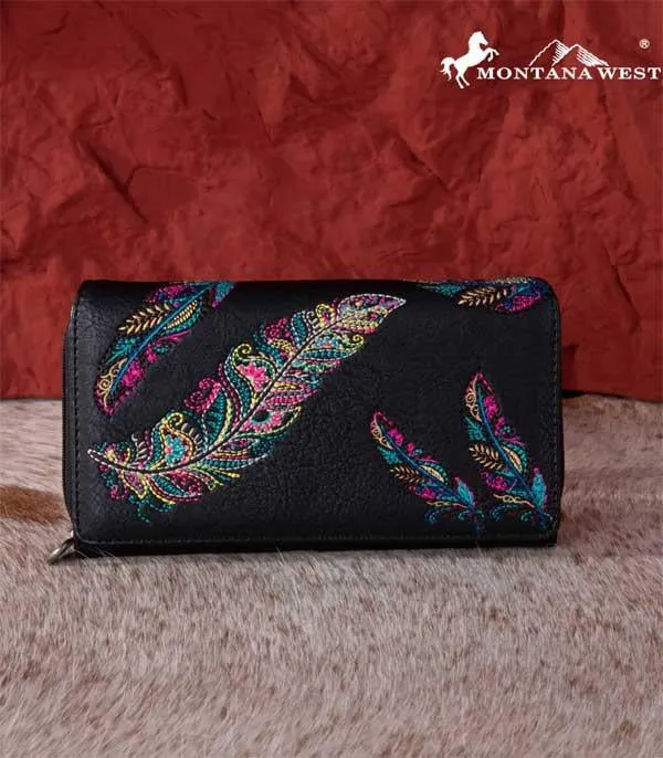 Feather embroidered wallet wristlet   Black