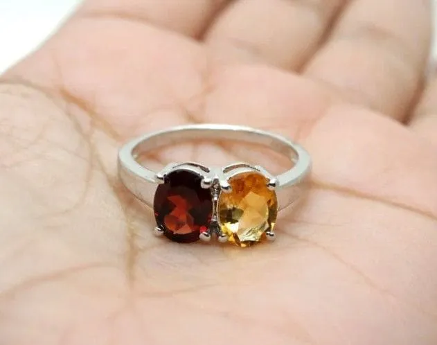 Garnet & Citrine Gemstone 925 Sterling Silver Ring, Natural Gemstone, Ellipse Shape Gemstone, Multi Stone Handmade Jewelry, Gift for Her