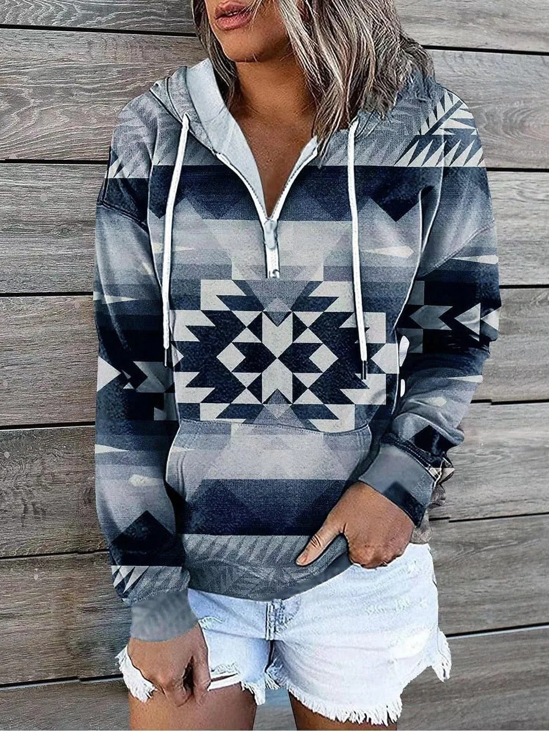 Geometric Tribal Aztecs Zip Up Hoodie Sweatshirt for Women