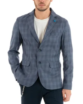 Giacca Uomo Lino Monopetto Quadri Blu Cerimonia Elegante Casual GIOSAL-G3046A