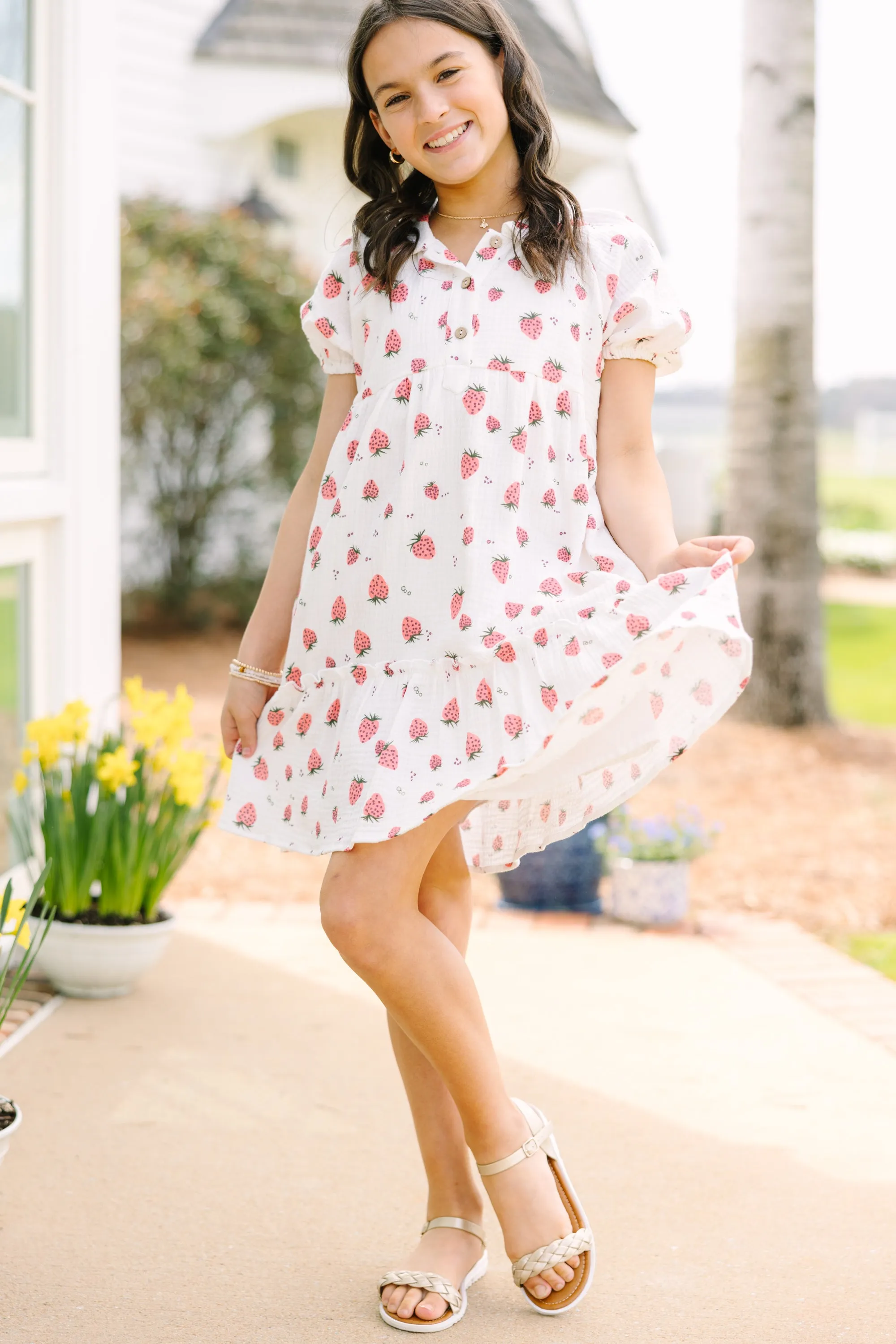 Girls: Meet You There Off White Strawberry Print Dress