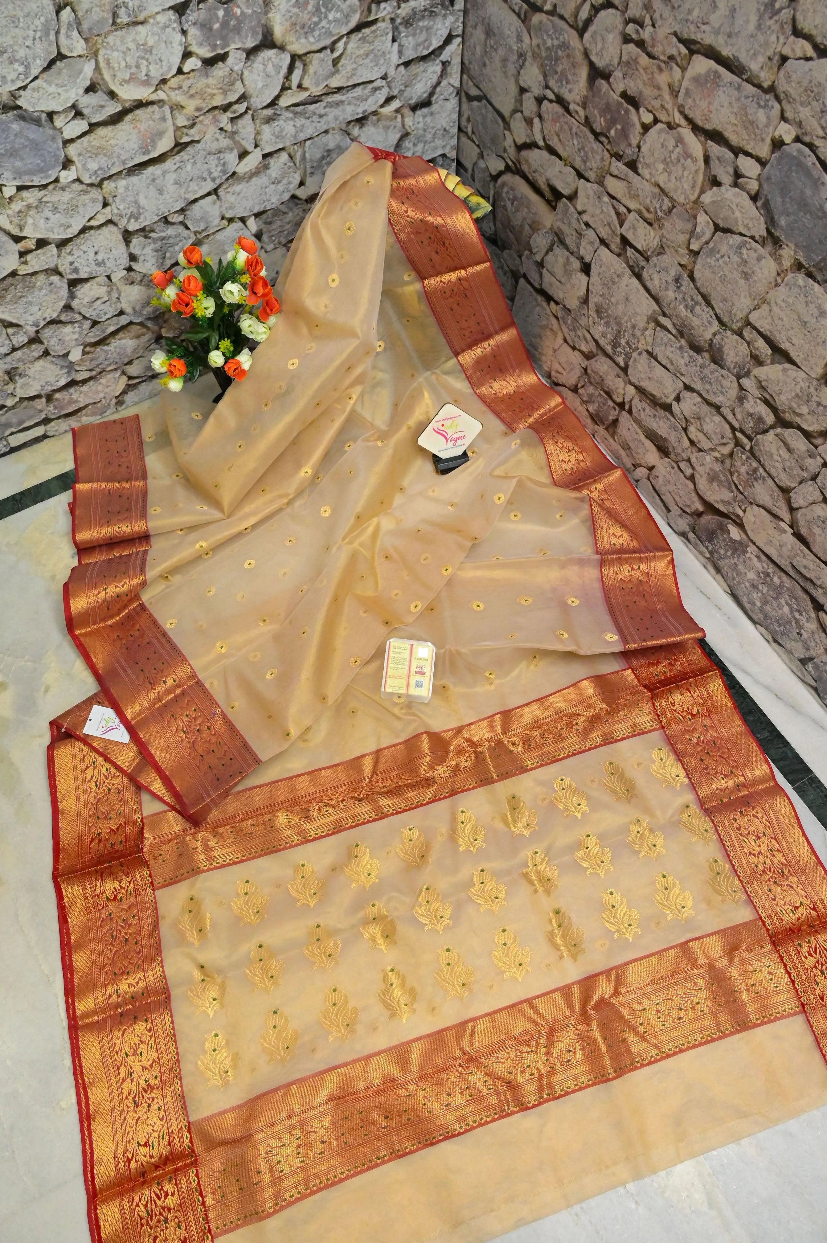 Golden Cream Color Tissue Chanderi Banarasi Saree with Meenakari