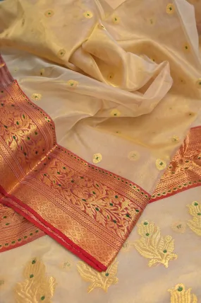 Golden Cream Color Tissue Chanderi Banarasi Saree with Meenakari