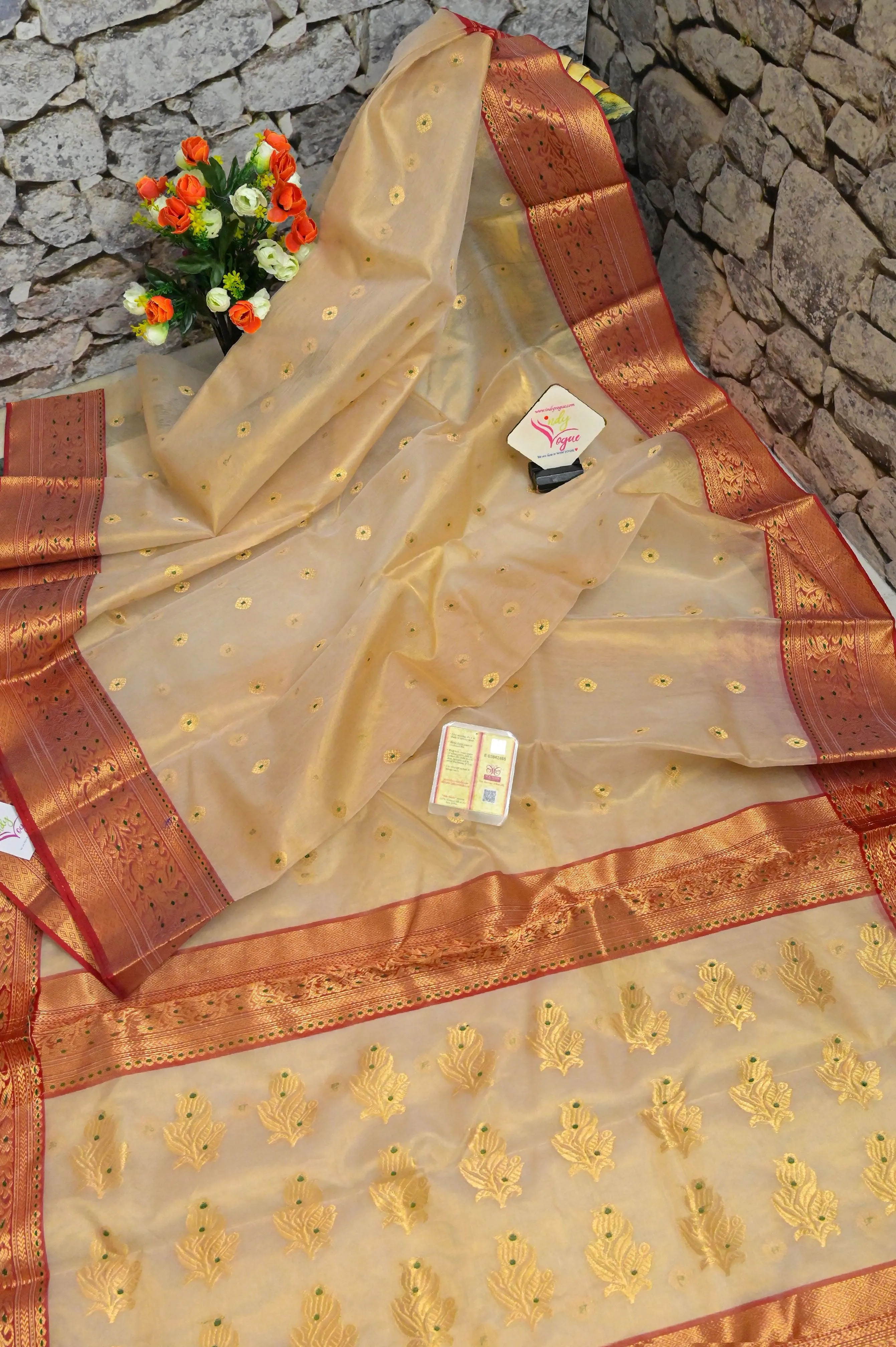 Golden Cream Color Tissue Chanderi Banarasi Saree with Meenakari