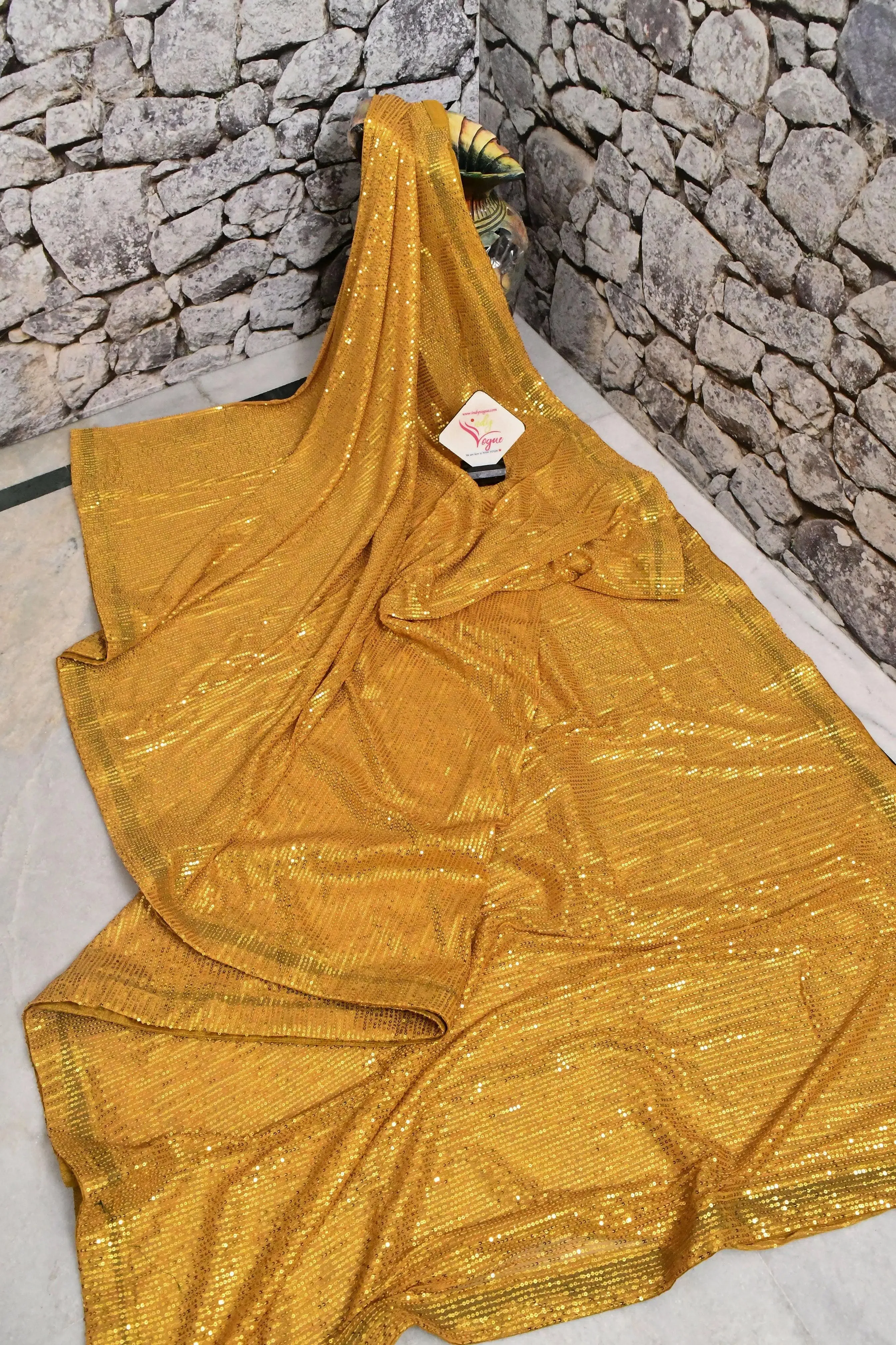 Golden Yellow Color Designer Net Sequin Weaving Saree with Dual Tone Patti Border