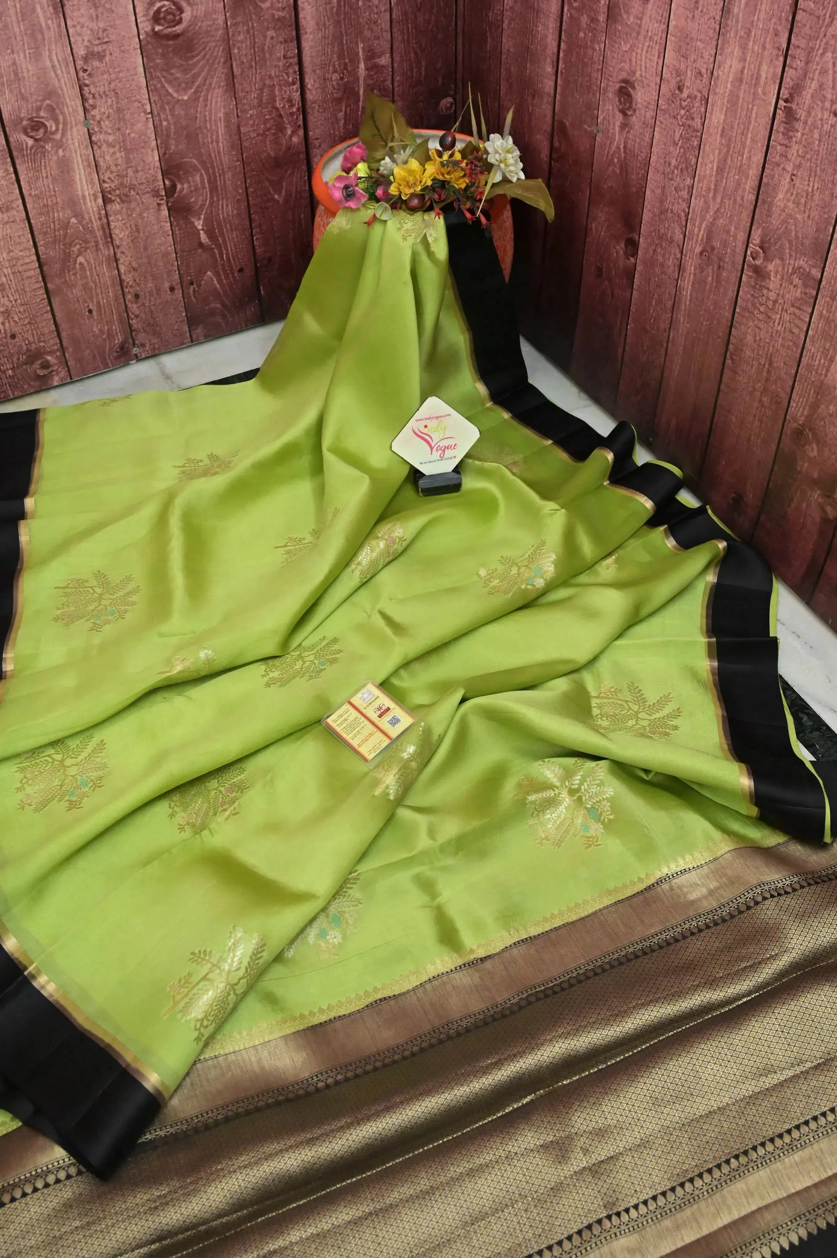 Green and Black Color Mango Silk Saree with Meenakari Work