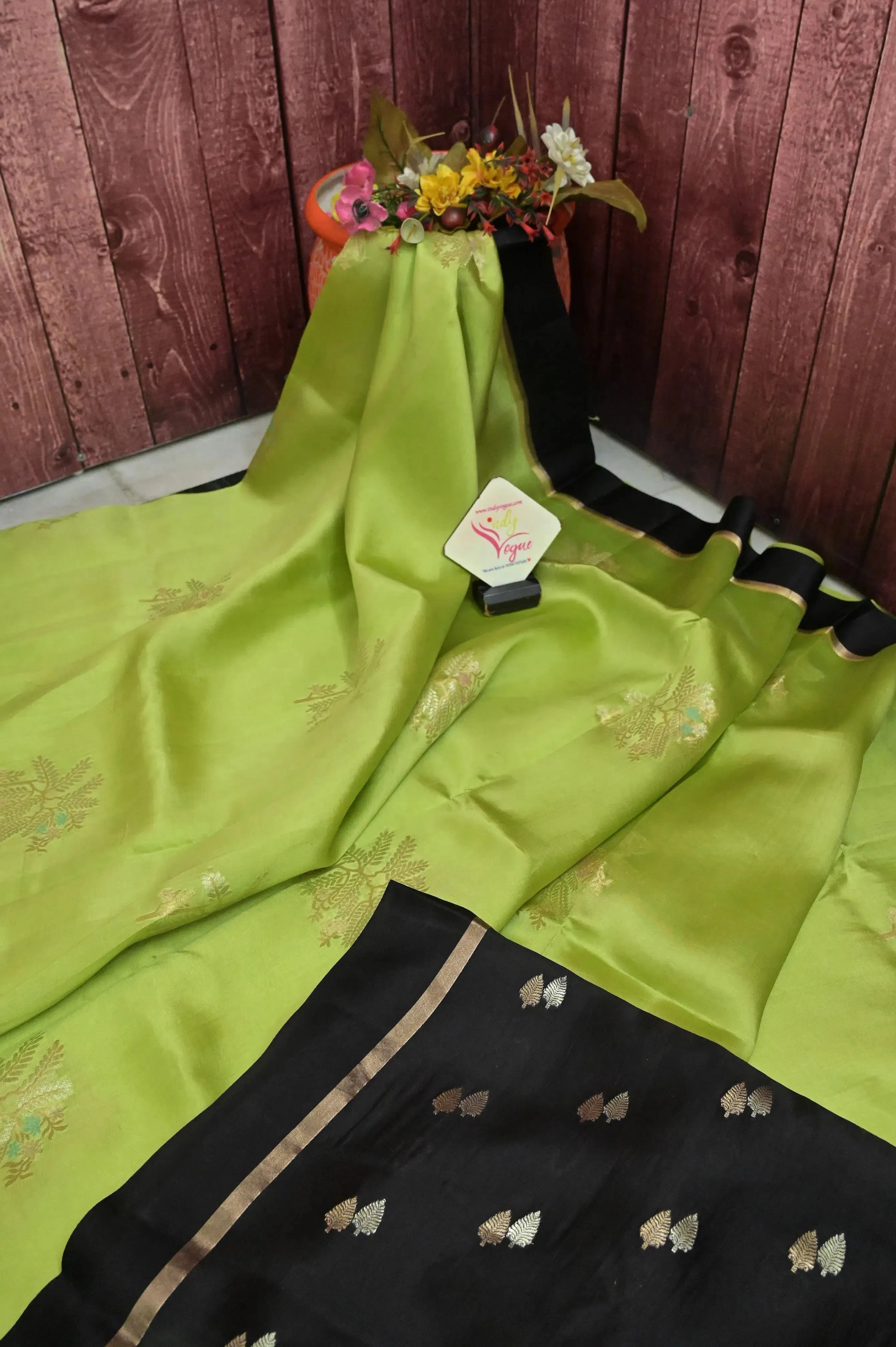 Green and Black Color Mango Silk Saree with Meenakari Work