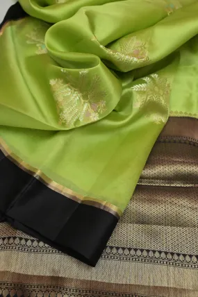 Green and Black Color Mango Silk Saree with Meenakari Work