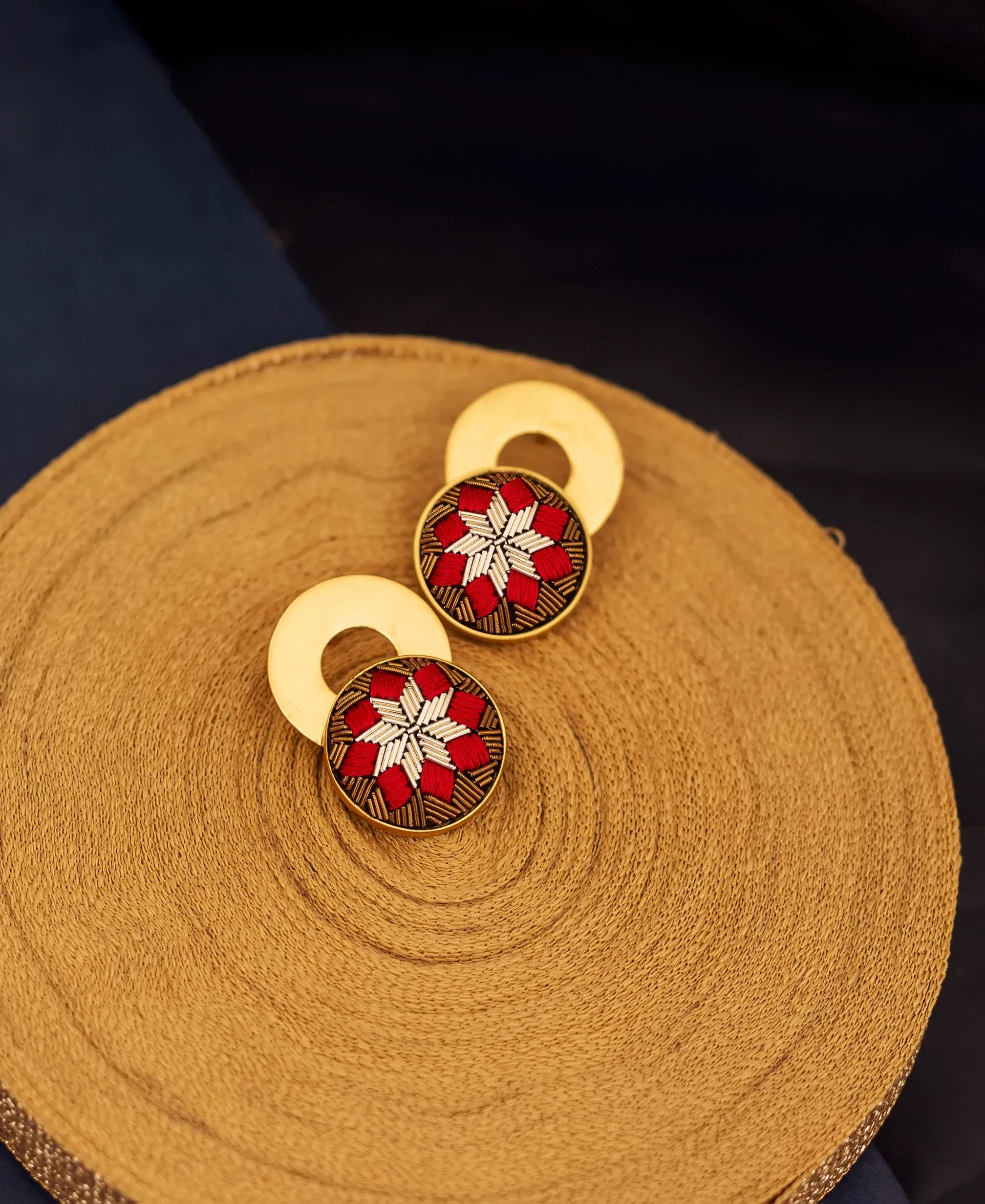 Hand Embroidered Red And Gold Earring