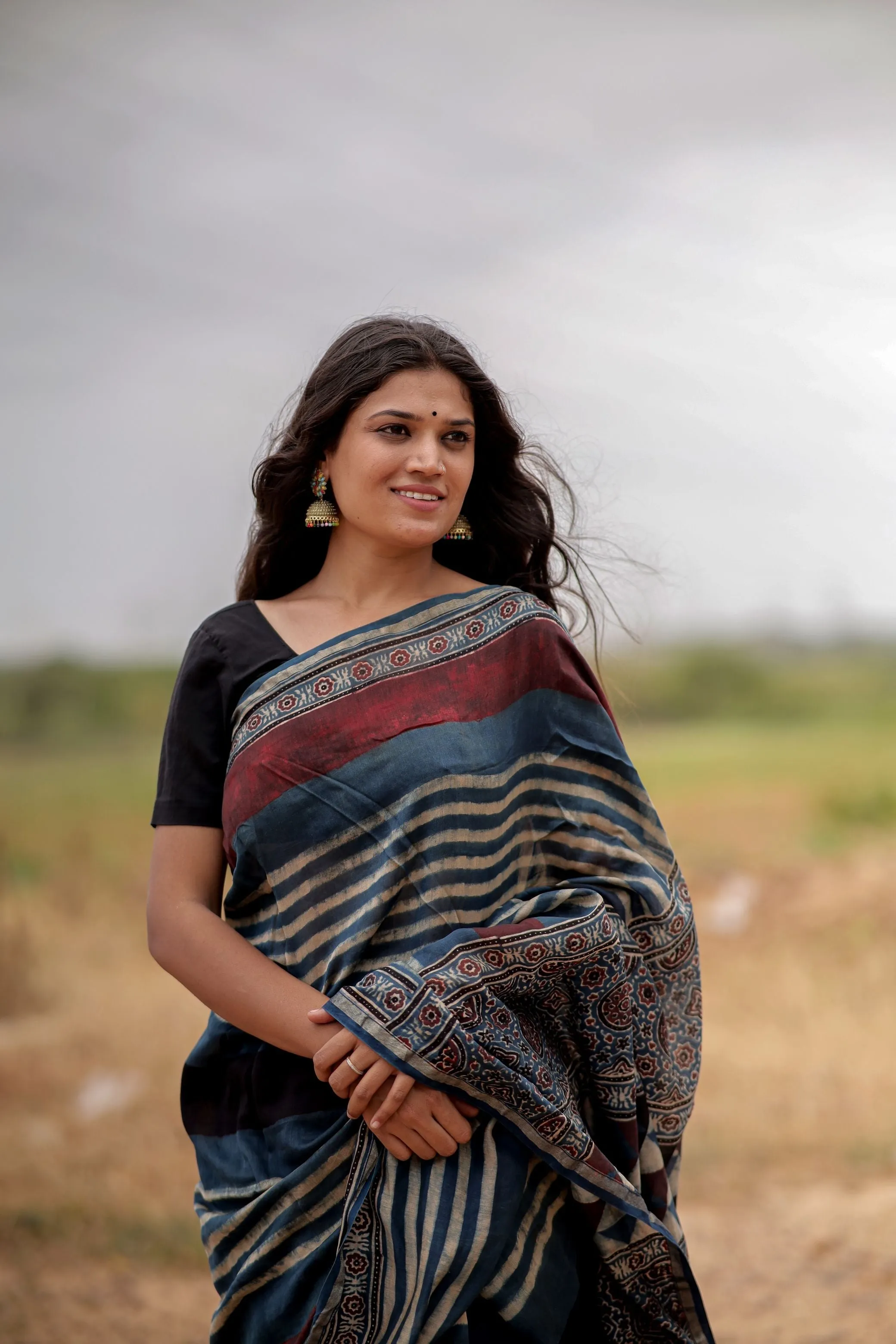 Jharokha -Indigo & black red striped silk cotton Ajrakh handblockprinted saree