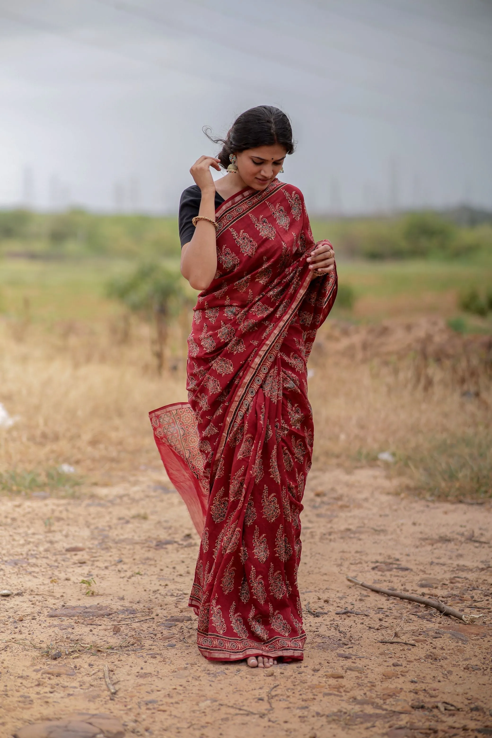 Jharokha -Red Mughal boota floral silk cotton Ajrakh handblockprinted saree