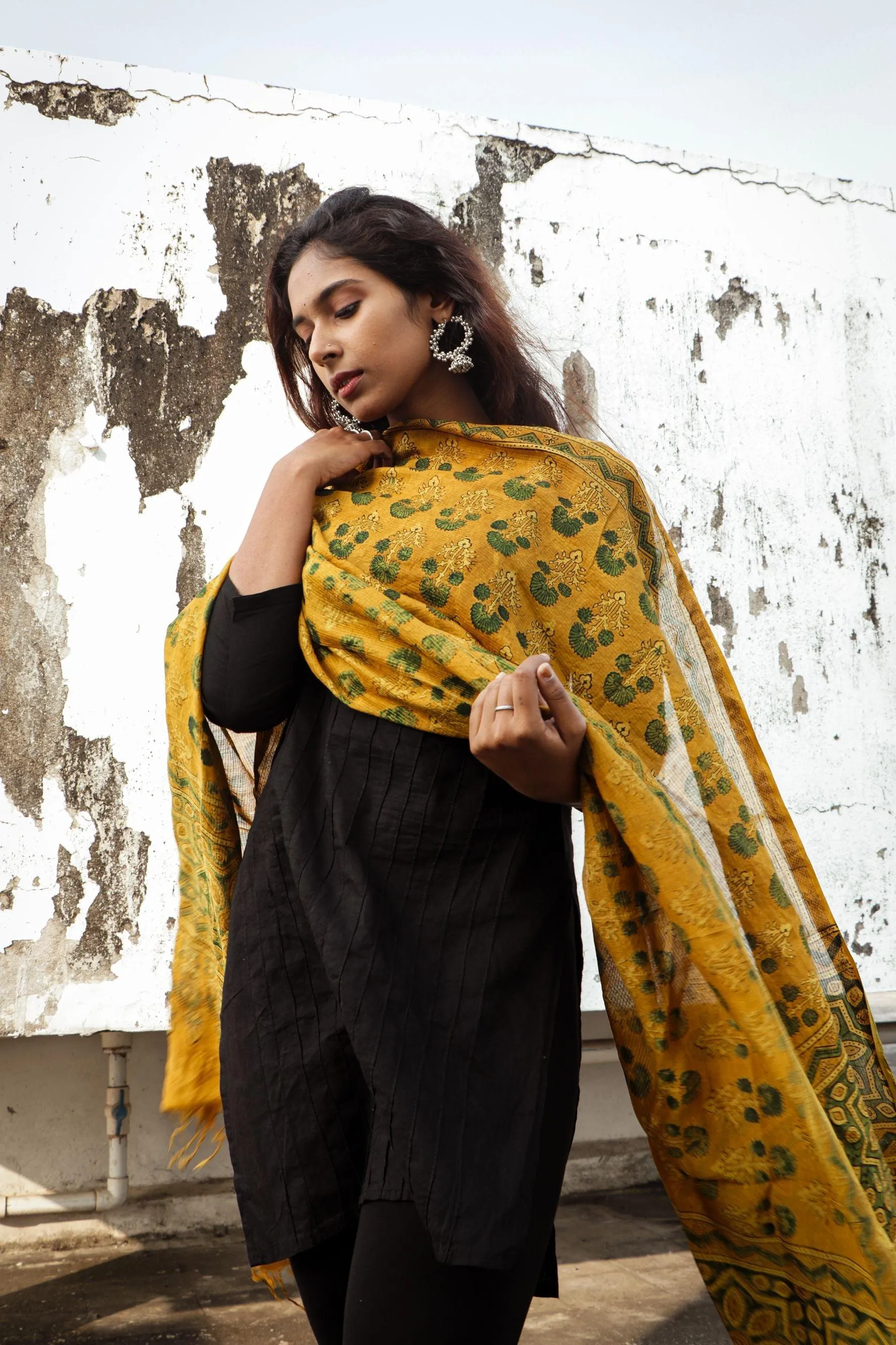 Kaisori Ajrakh Mustard Chanderi Dupatta