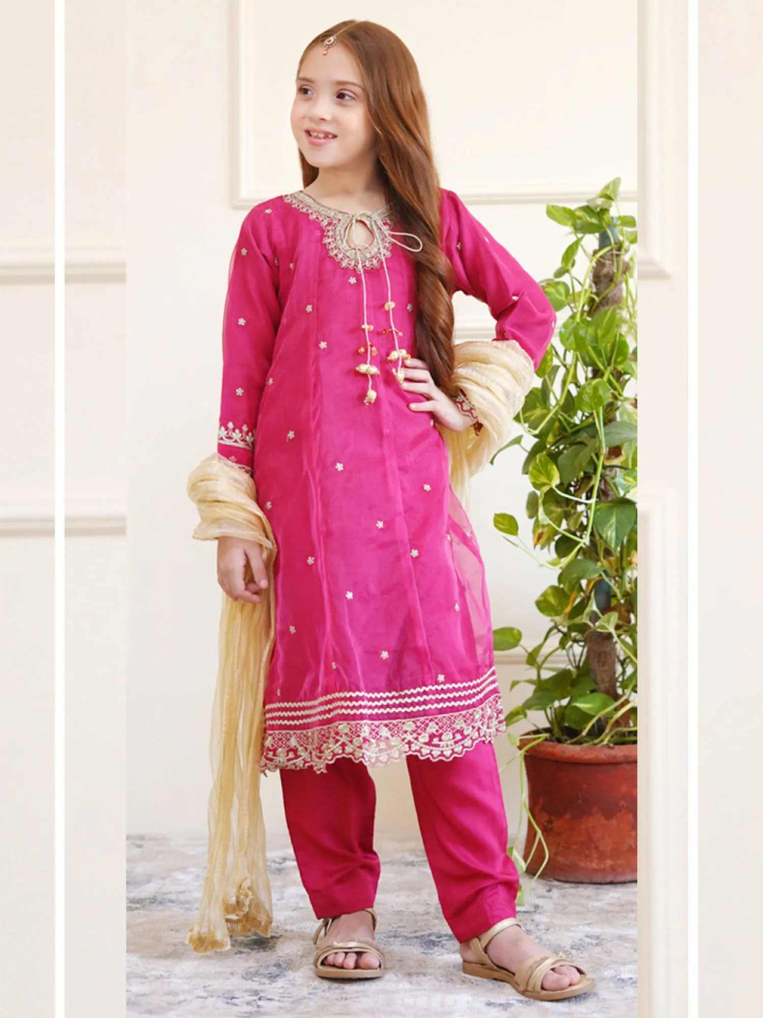 Kids Magenta Embroidered Organza Frock Suit