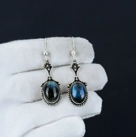 Labradorite Oval Blue Gemstone 925 Sterling Silver Drop Dangle Earrings