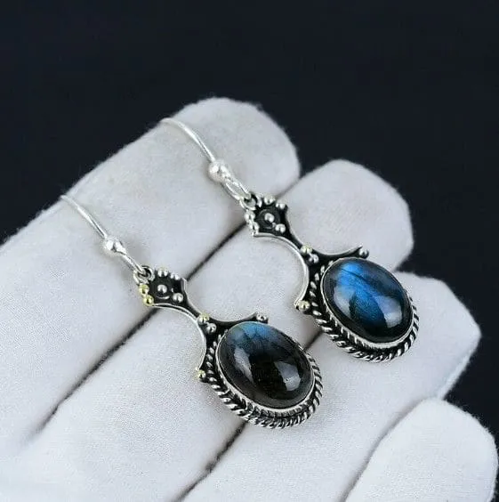 Labradorite Oval Blue Gemstone 925 Sterling Silver Drop Dangle Earrings