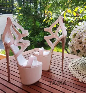 Laser Cage Cream Patent High Heel Platform Shoes