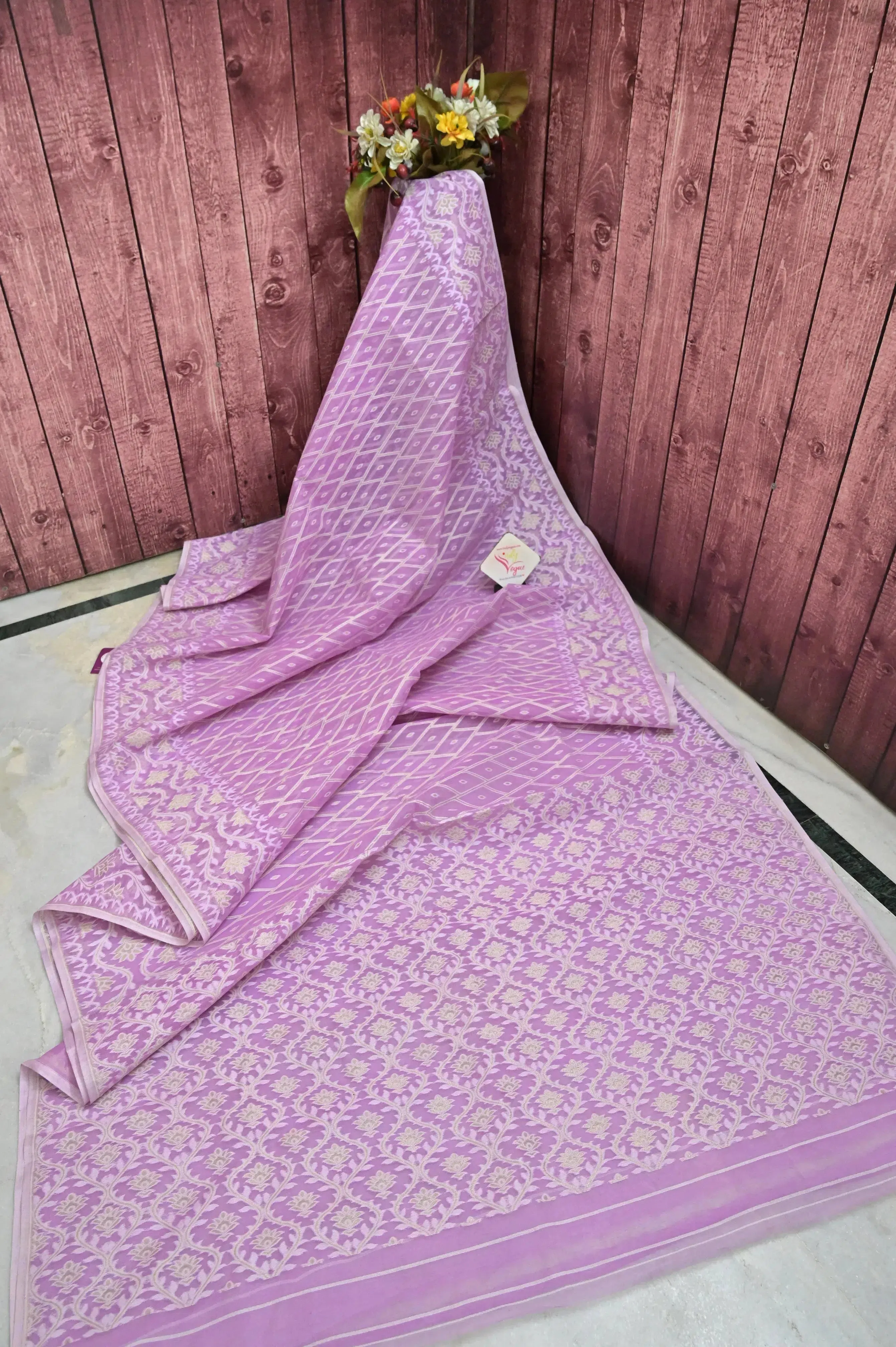 Lavender Pink Color Jamdani Saree with Jamdani and Zari Weaving