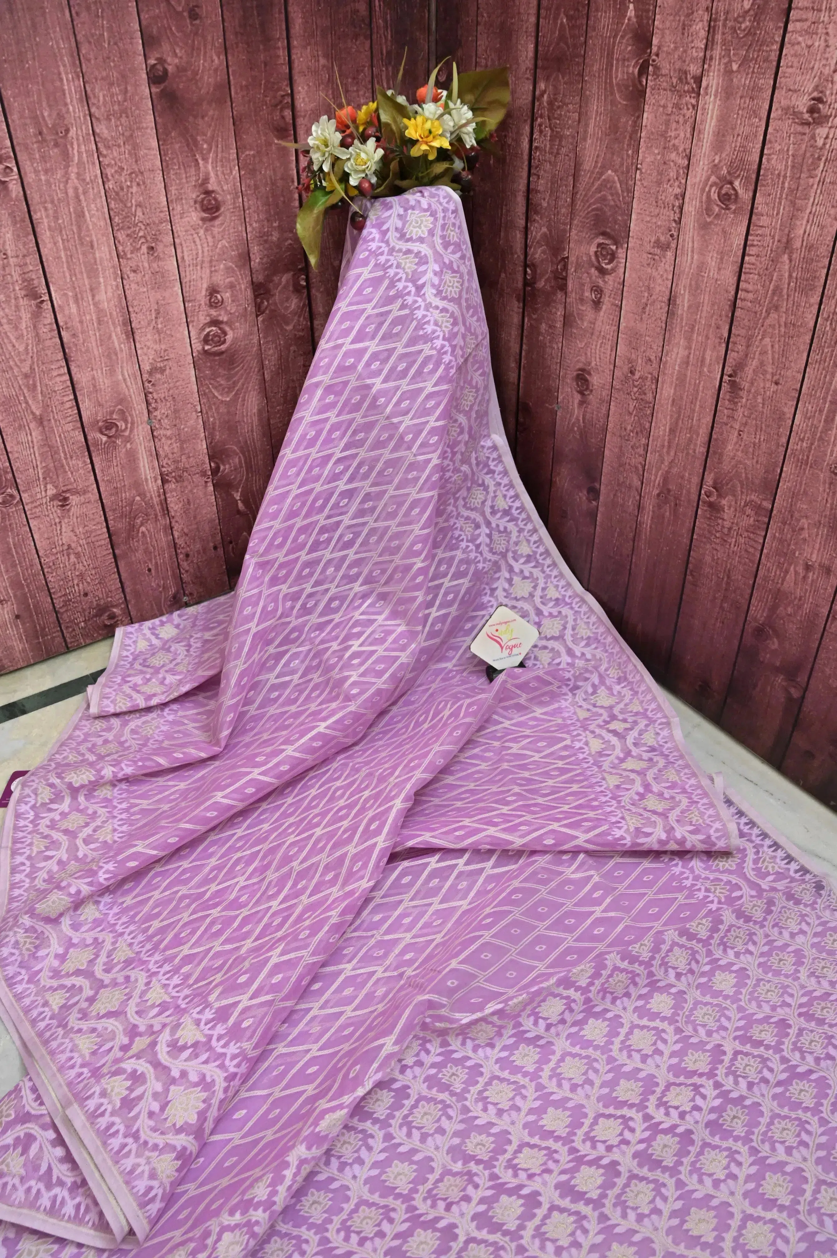 Lavender Pink Color Jamdani Saree with Jamdani and Zari Weaving