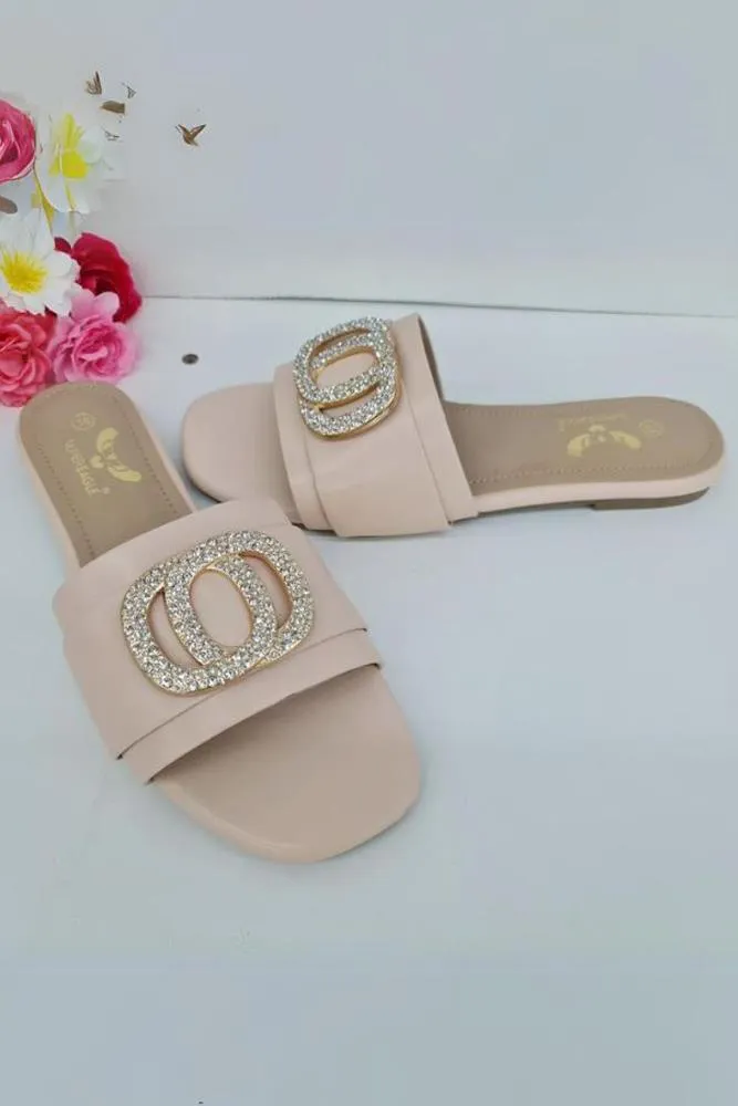 Leather Rhinestone Buckle Flat Slider