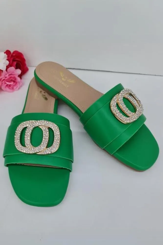 Leather Rhinestone Buckle Flat Slider