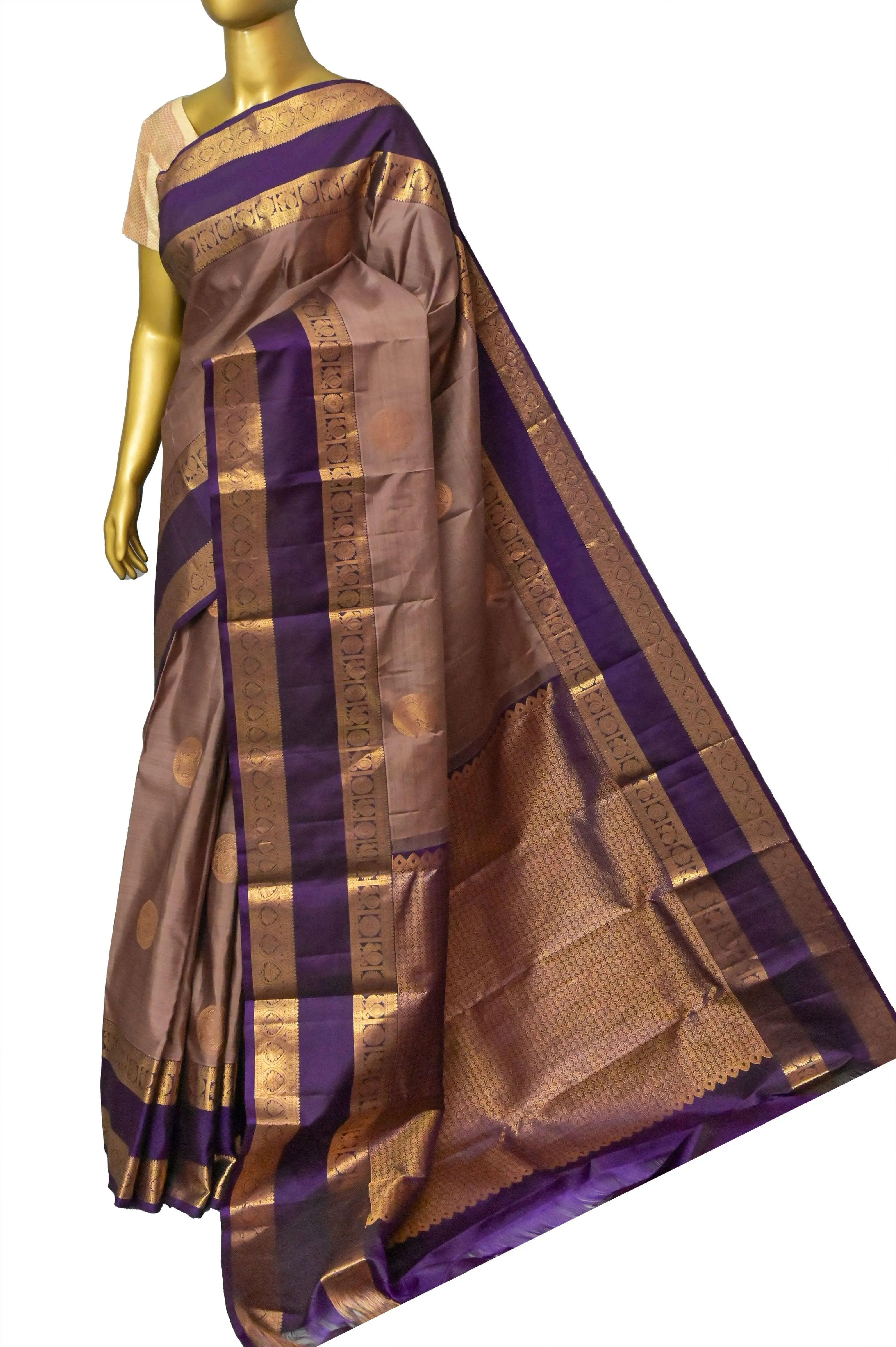 Light Chocolate Color Pure Kanjeevaram SIlk Saree