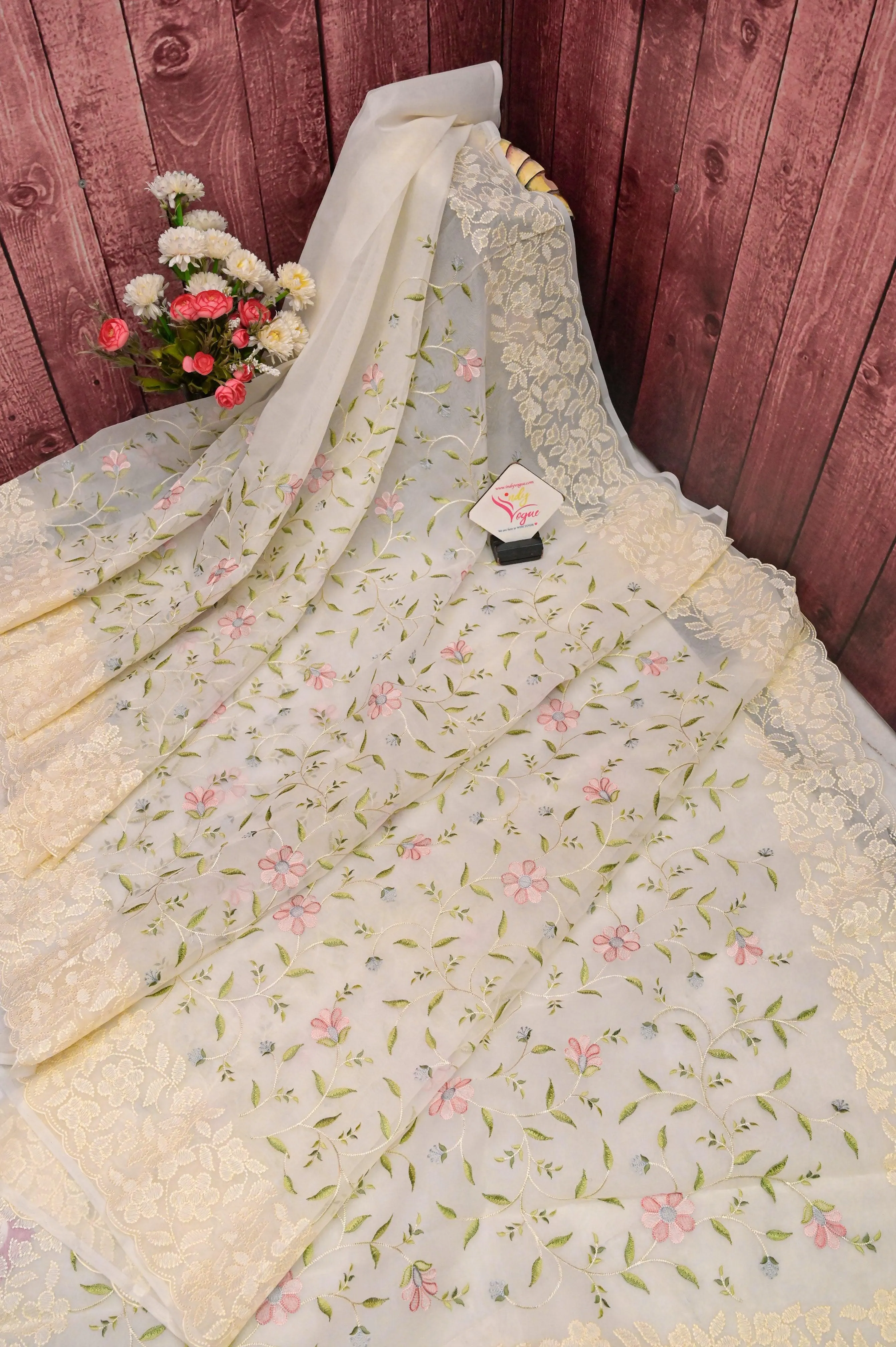 Light Cream Color Organza Saree with Machine Embroidery