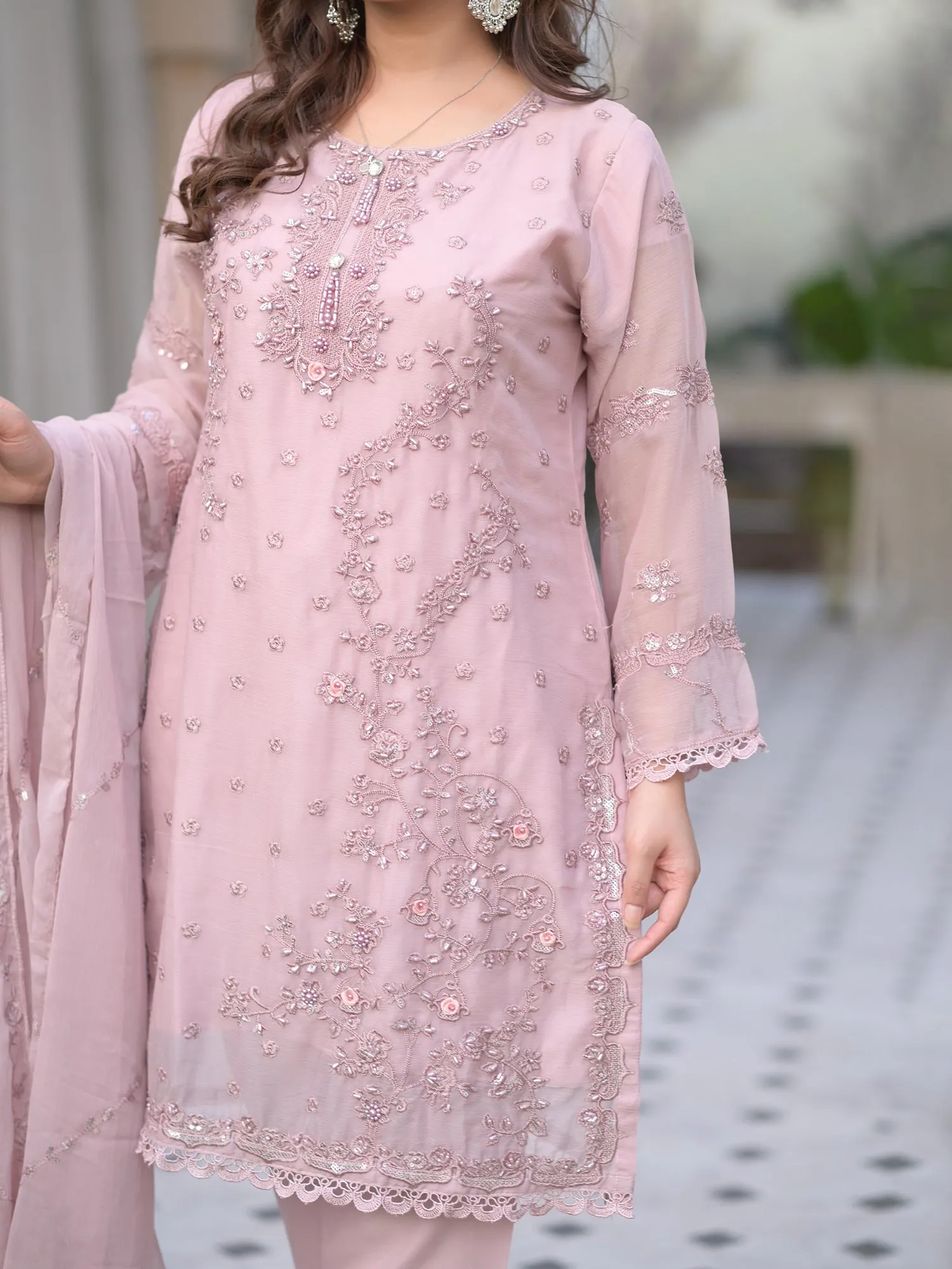 Lilac Embroidered Chiffon 3-Piece Suit