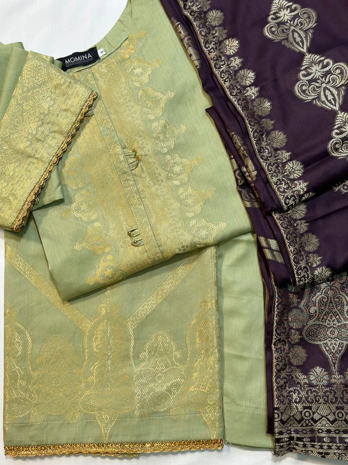 Lime Green Banarsi Jacquard Casual 3-Piece Suit