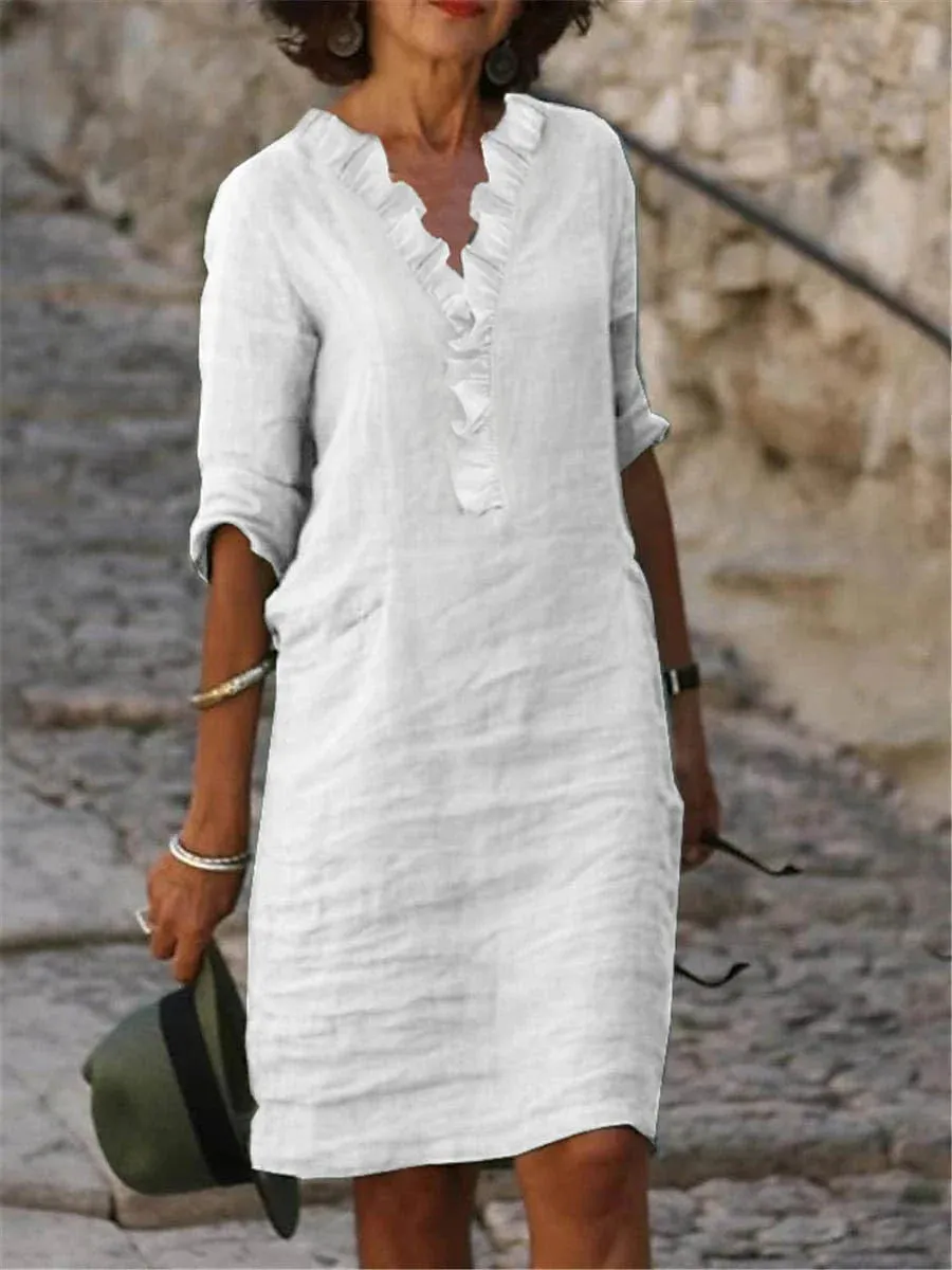 Linen Shift Dress - Women's Classic White Dress with V-Neck and Ruffle Details