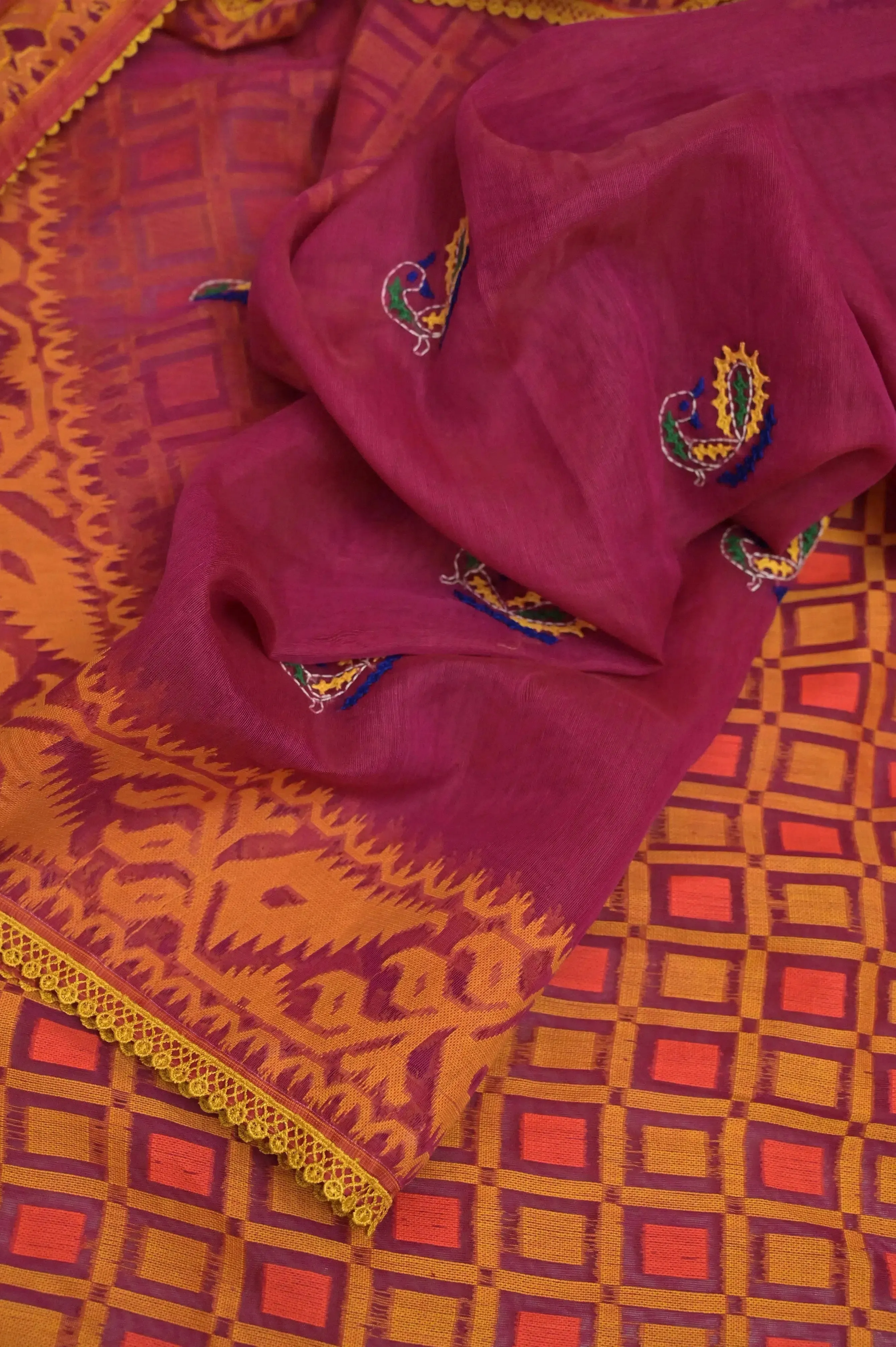 Magenta and Yellow Color Jamdani Saree with Hand Embroidery and Lace Work