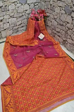 Magenta and Yellow Color Jamdani Saree with Hand Embroidery and Lace Work