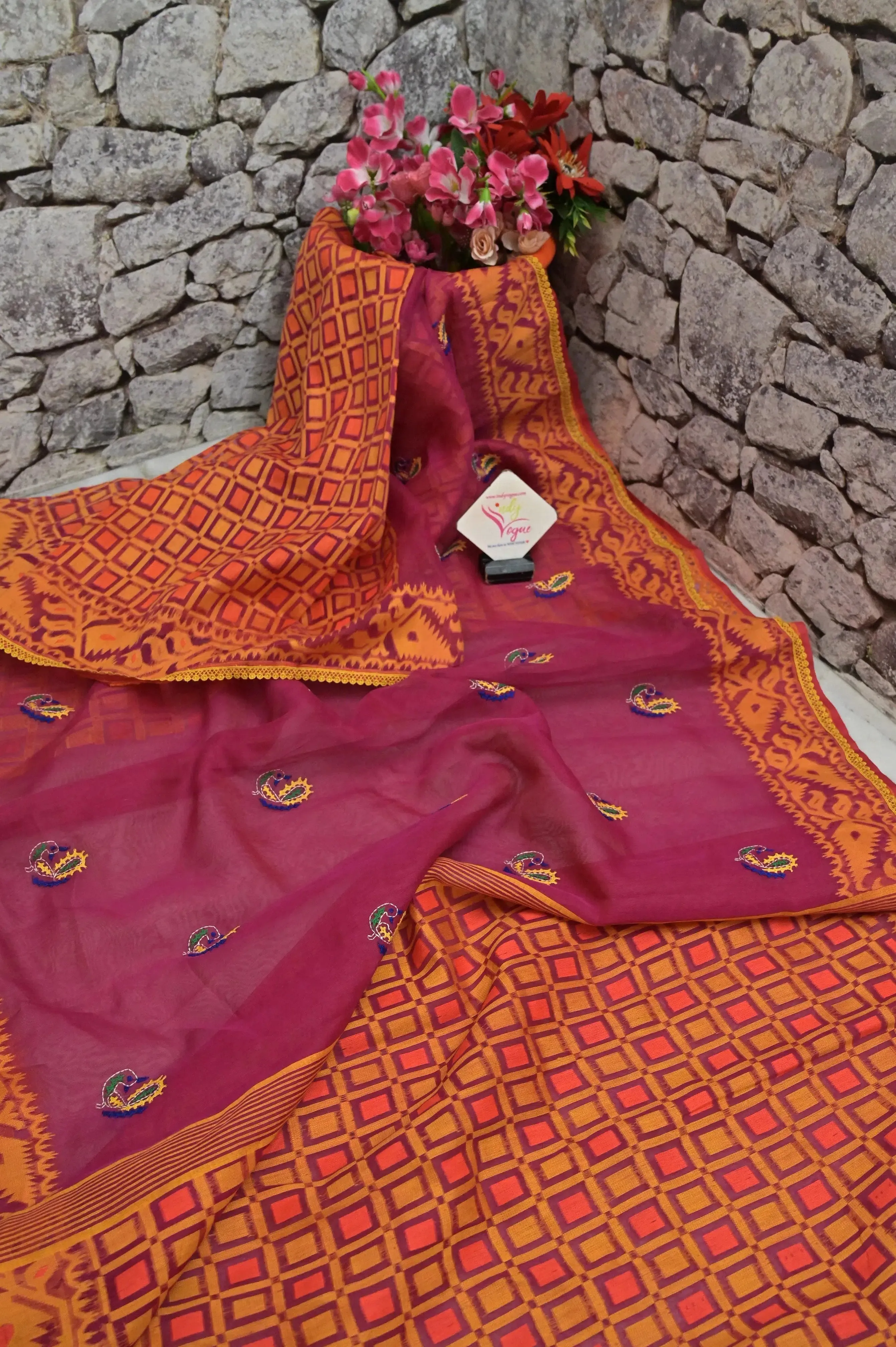 Magenta and Yellow Color Jamdani Saree with Hand Embroidery and Lace Work