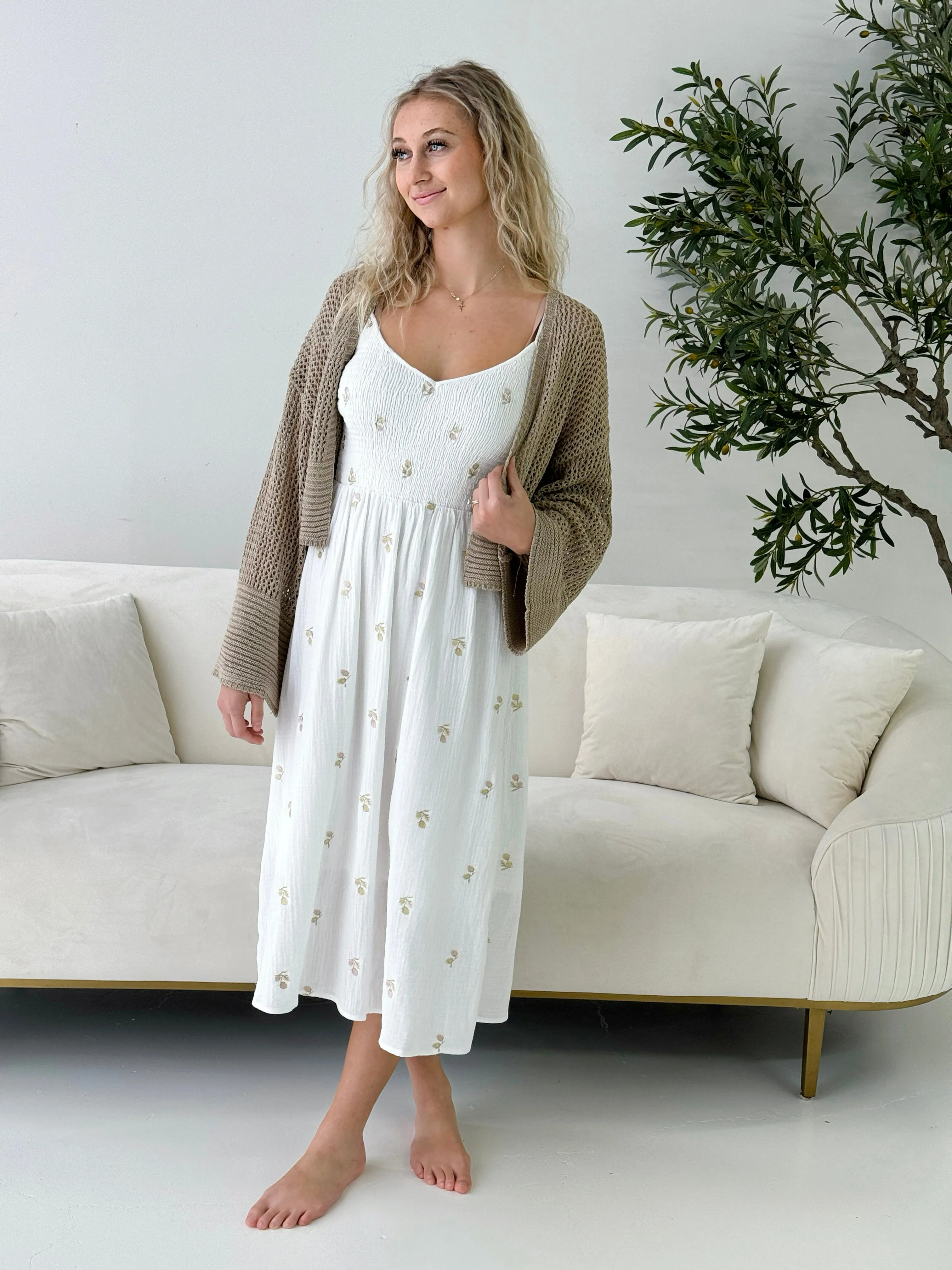 Mary Beth Embroidered Dress in Off White