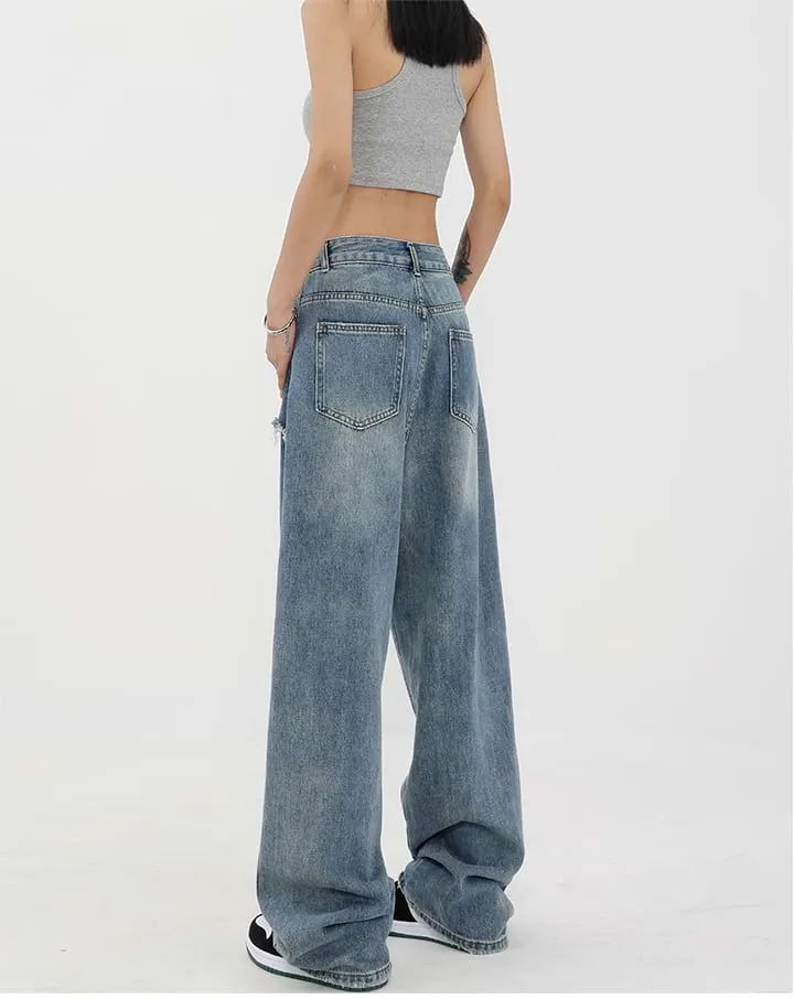 Mock Two-Piece Faded Distressed Jeans