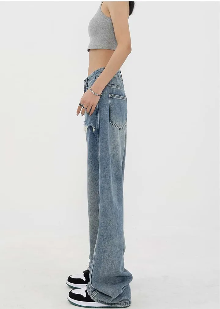 Mock Two-Piece Faded Distressed Jeans