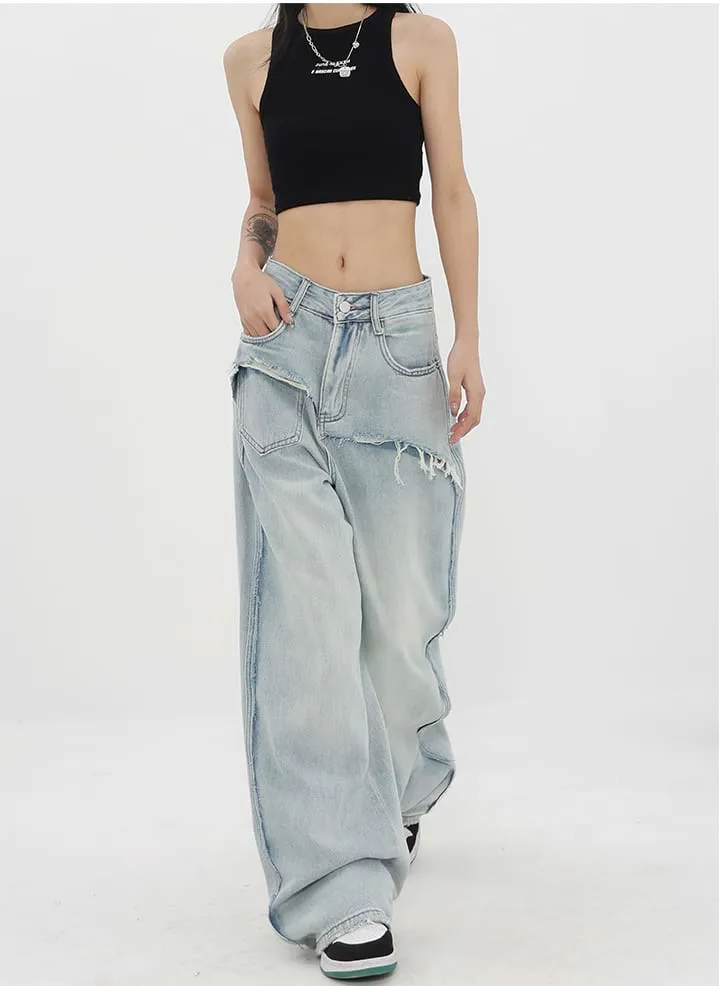 Mock Two-Piece Faded Distressed Jeans