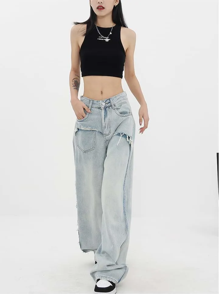 Mock Two-Piece Faded Distressed Jeans