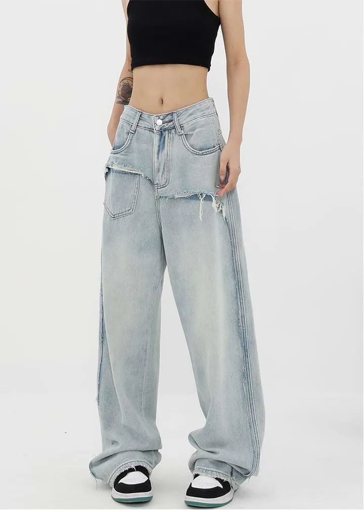 Mock Two-Piece Faded Distressed Jeans