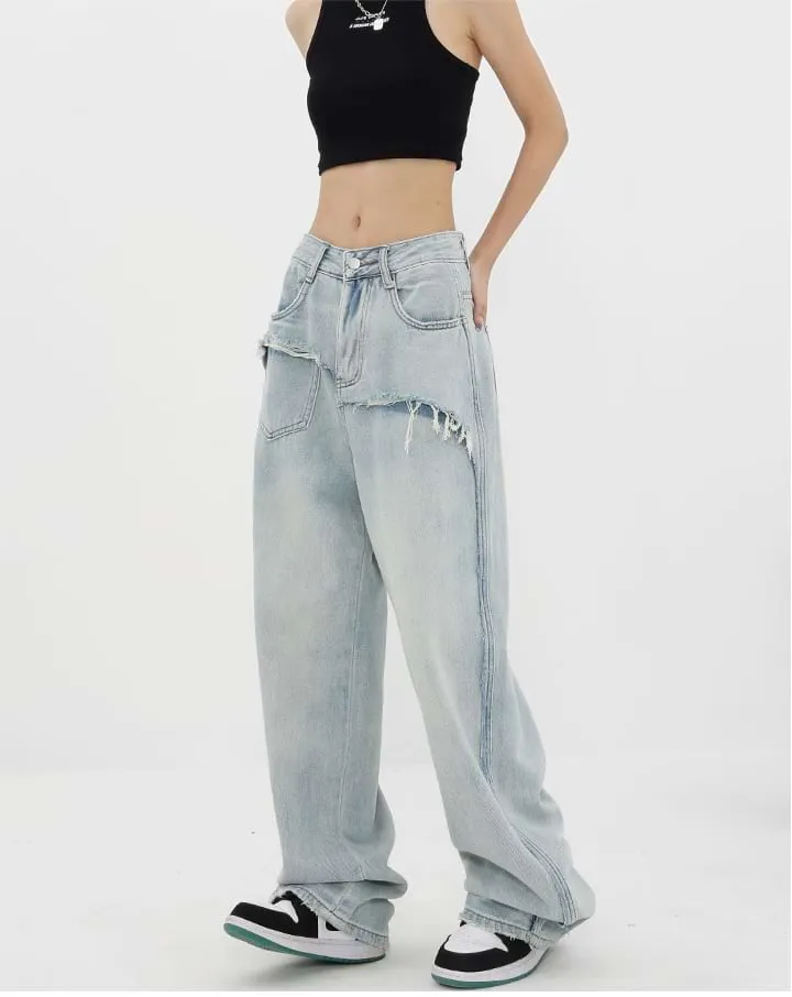 Mock Two-Piece Faded Distressed Jeans