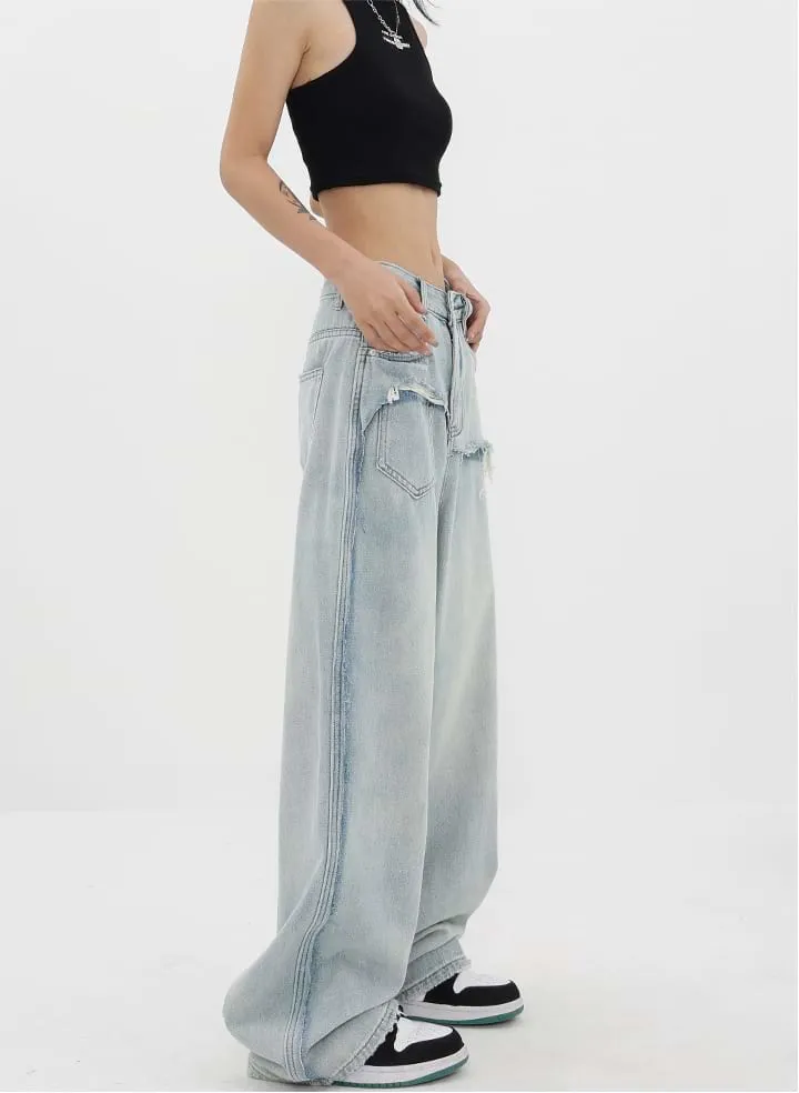 Mock Two-Piece Faded Distressed Jeans