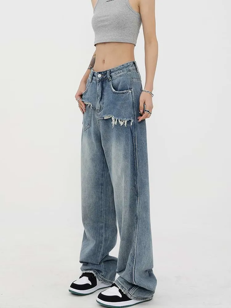 Mock Two-Piece Faded Distressed Jeans