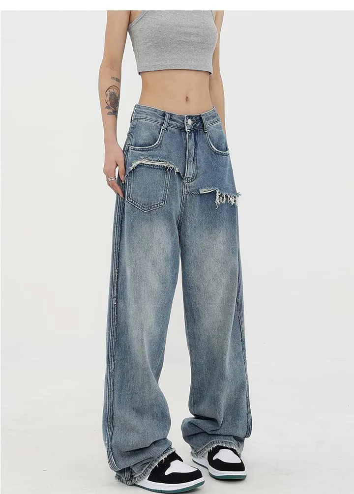 Mock Two-Piece Faded Distressed Jeans