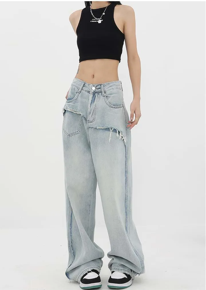 Mock Two-Piece Faded Distressed Jeans