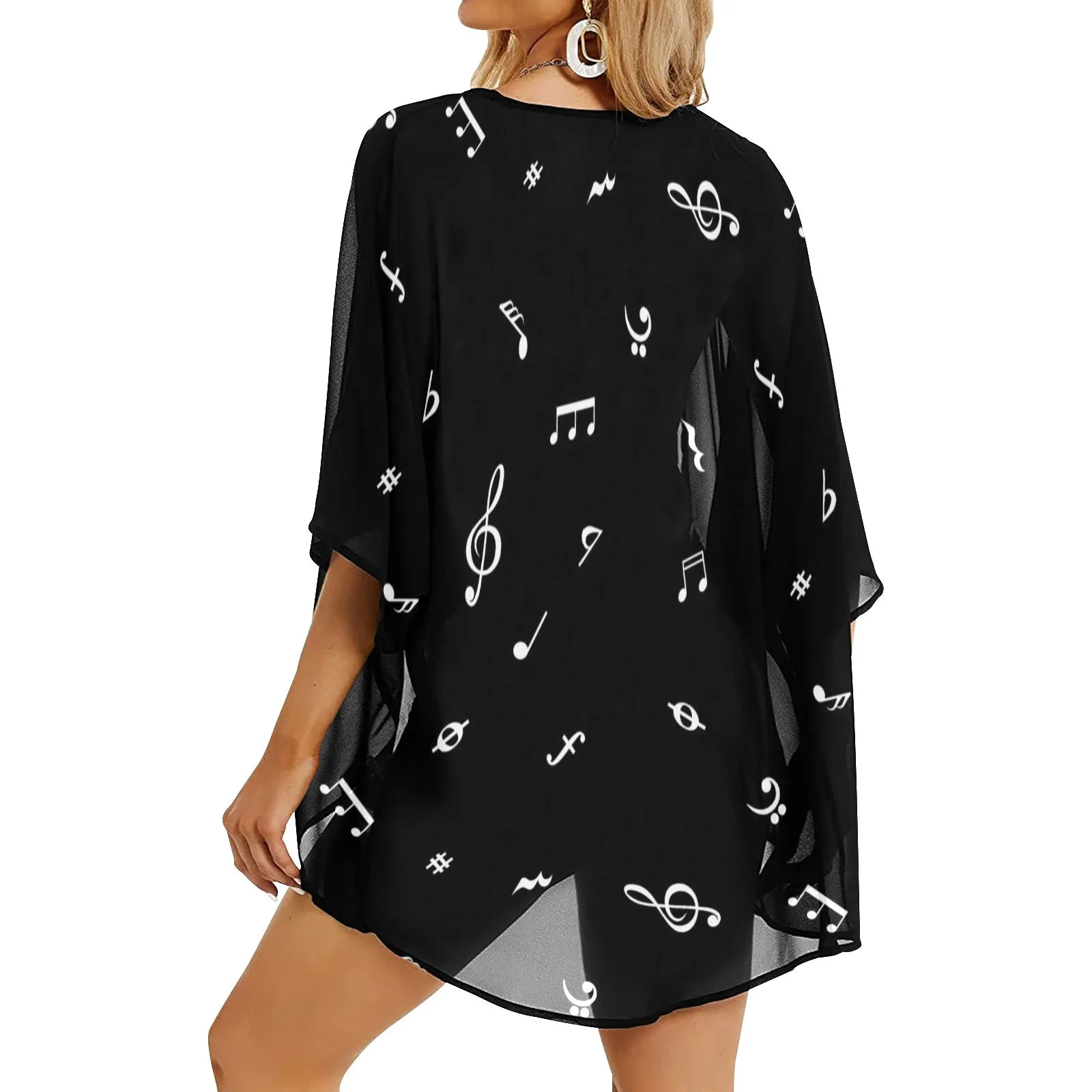 musical note blouse white on black Women's Kimono Chiffon Cover Up (Model H51)