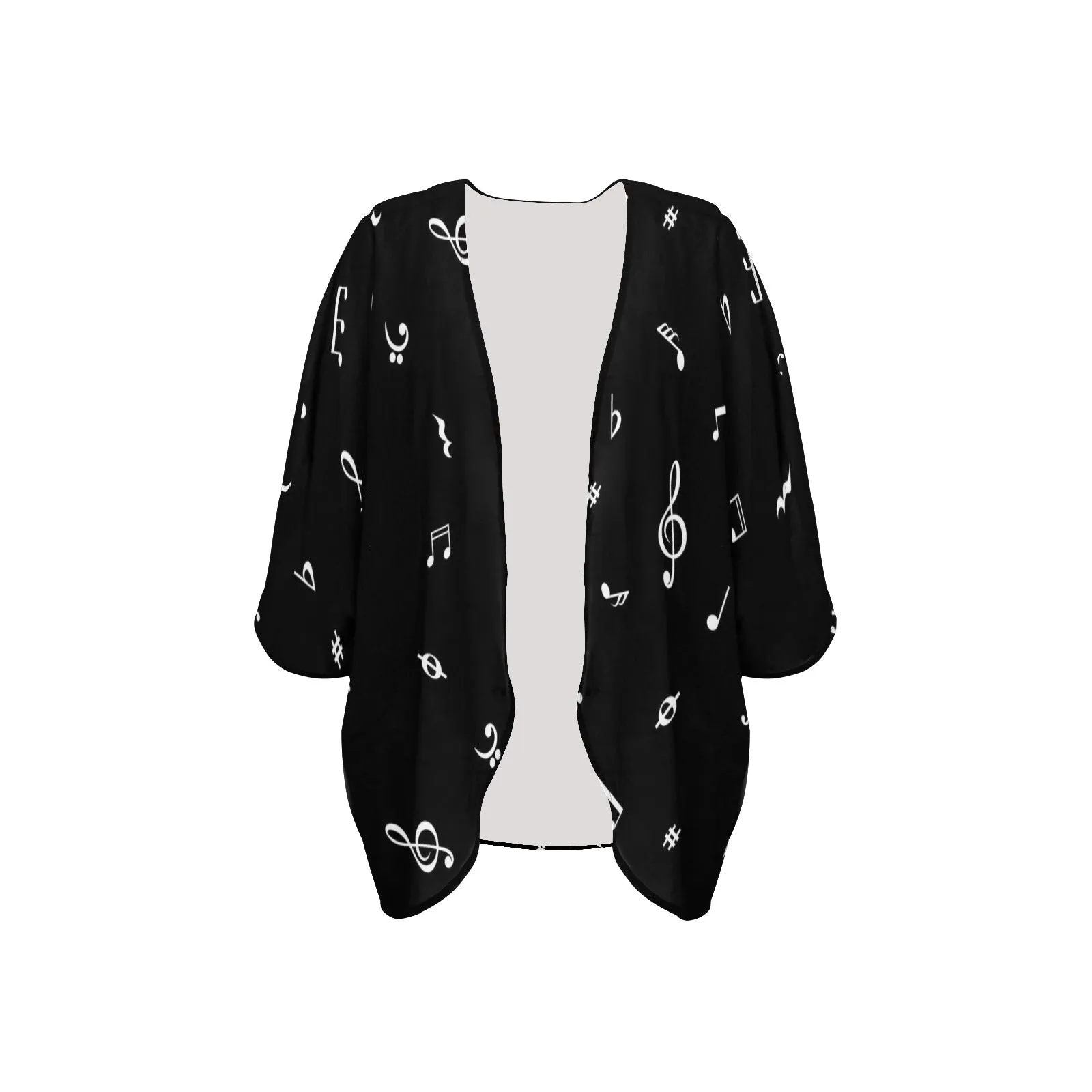 musical note blouse white on black Women's Kimono Chiffon Cover Up (Model H51)