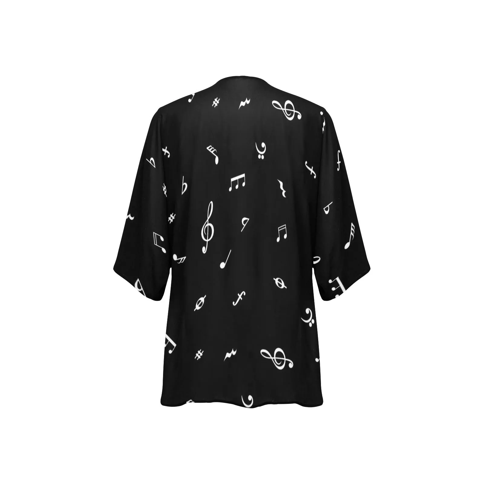 musical note blouse white on black Women's Kimono Chiffon Cover Up (Model H51)