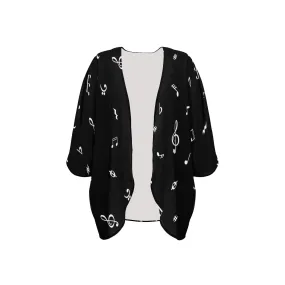 musical note blouse white on black Women's Kimono Chiffon Cover Up (Model H51)