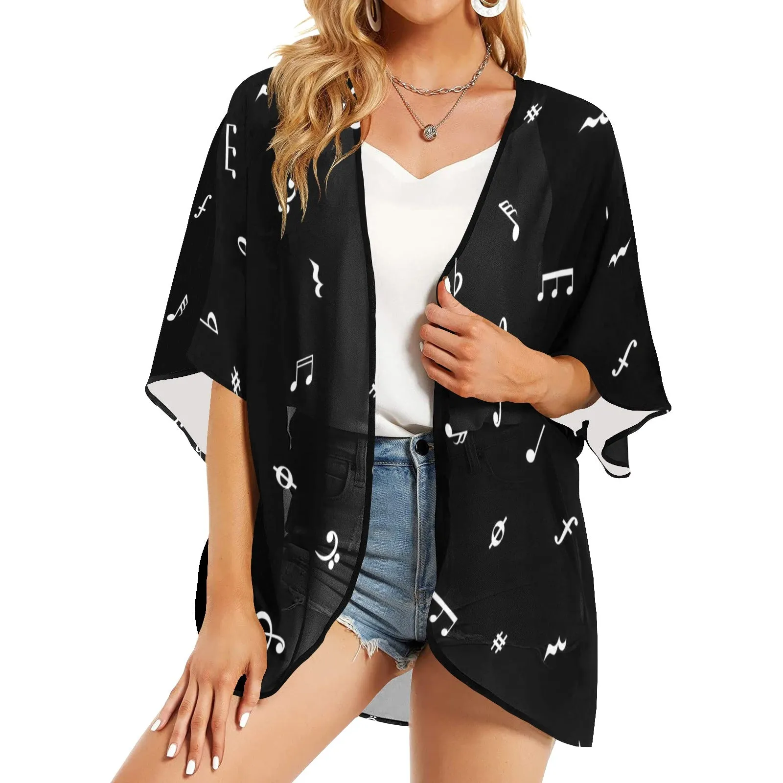 musical note blouse white on black Women's Kimono Chiffon Cover Up (Model H51)