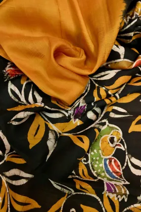 Mustard Yellow and Black Color Bishnupur Silk Saree with Hand Batik